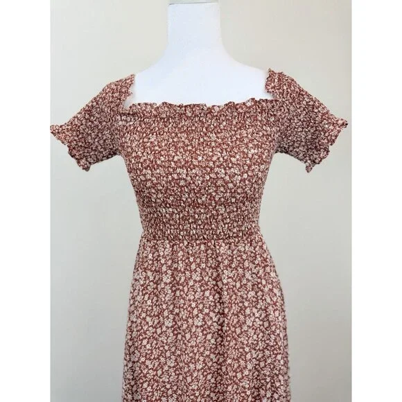 Mi Ami Womens Small Floral Smocked Midi Dress Rust Red White Off Shoulder Boho - Picture 5 of 9